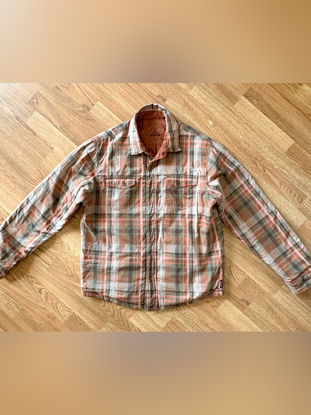 prAna Breathe Reversible Quilted Plaid Shirt Jacket Shacket Orange Flannel M - Picture 2 of 11